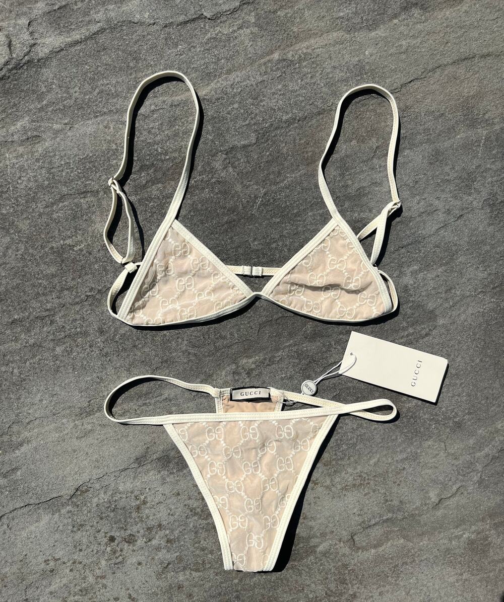 Gucci GG Embroidered Tulle Lingerie Set Cream White Mesh Bra Thong NWT Medium M